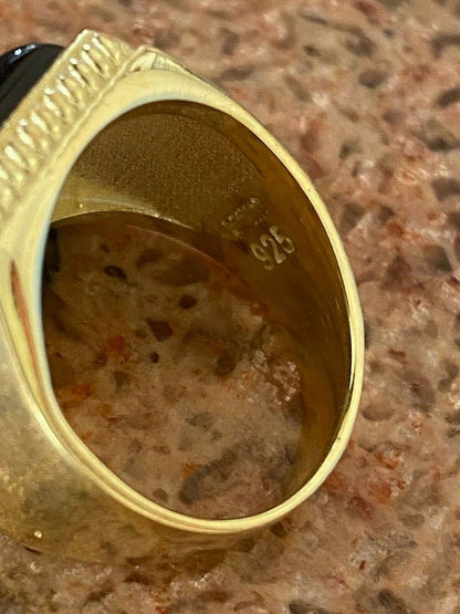 HarlemBling Mens 14k Gold Over Real Solid 925 Silver Black Onyx Ring Size 7 8 9 10 11 12 13