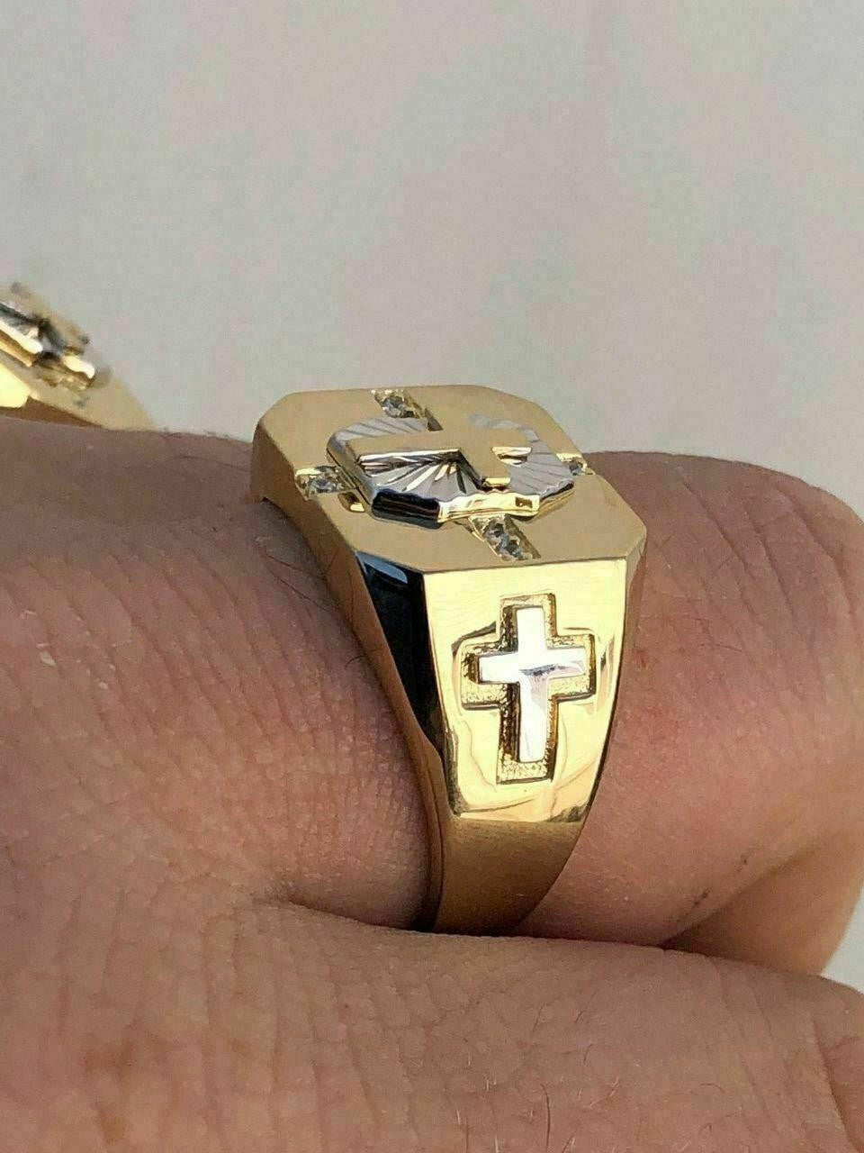 Mens 14k Gold Over Real Solid 925 Silver Cross Ring Size Pinky 7 8