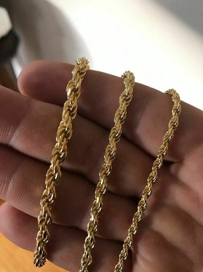 HarlemBling Mens 14K Gold Over Real Solid 925 Silver Rope Chain MADE IN ITALY 20-30 3-5mm