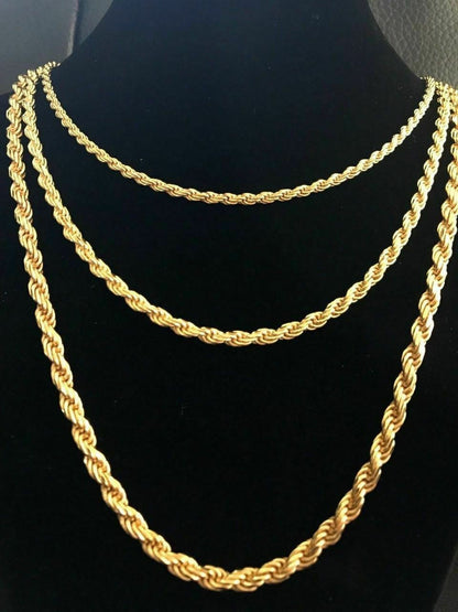 HarlemBling Mens 14K Gold Over Real Solid 925 Silver Rope Chain MADE IN ITALY 20-30 3-5mm