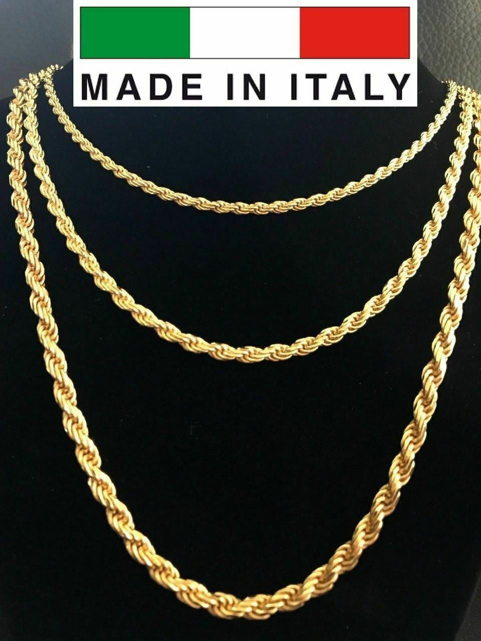 HarlemBling Mens 14K Gold Over Real Solid 925 Silver Rope Chain MADE IN ITALY 20-30 3-5mm