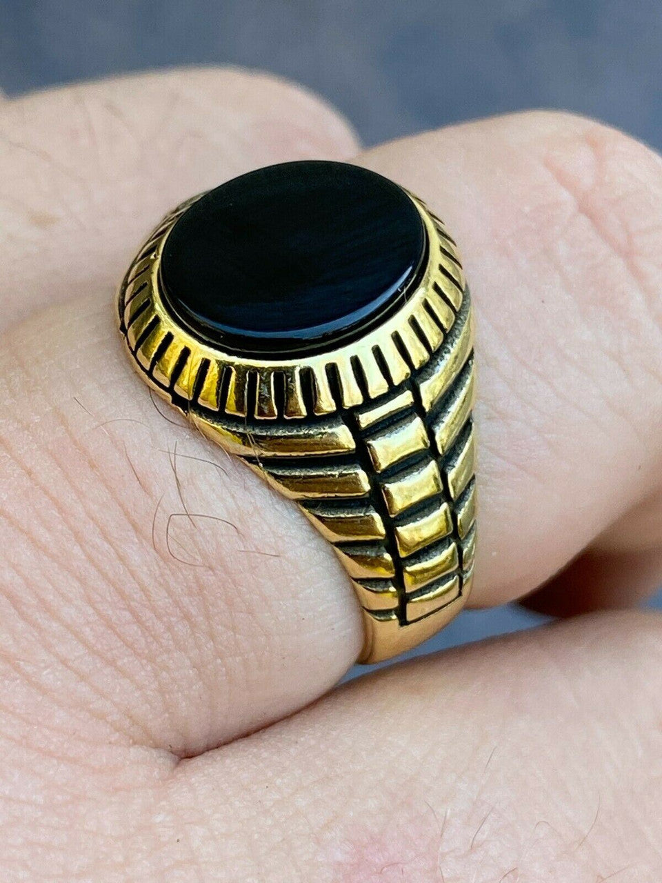 HarlemBling Mens 14k Gold Over Real Solid 925 Sterling Silver Black Onyx Round Signet Ring