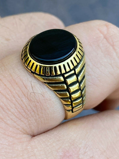 HarlemBling Mens 14k Gold Over Real Solid 925 Sterling Silver Black Onyx Round Signet Ring