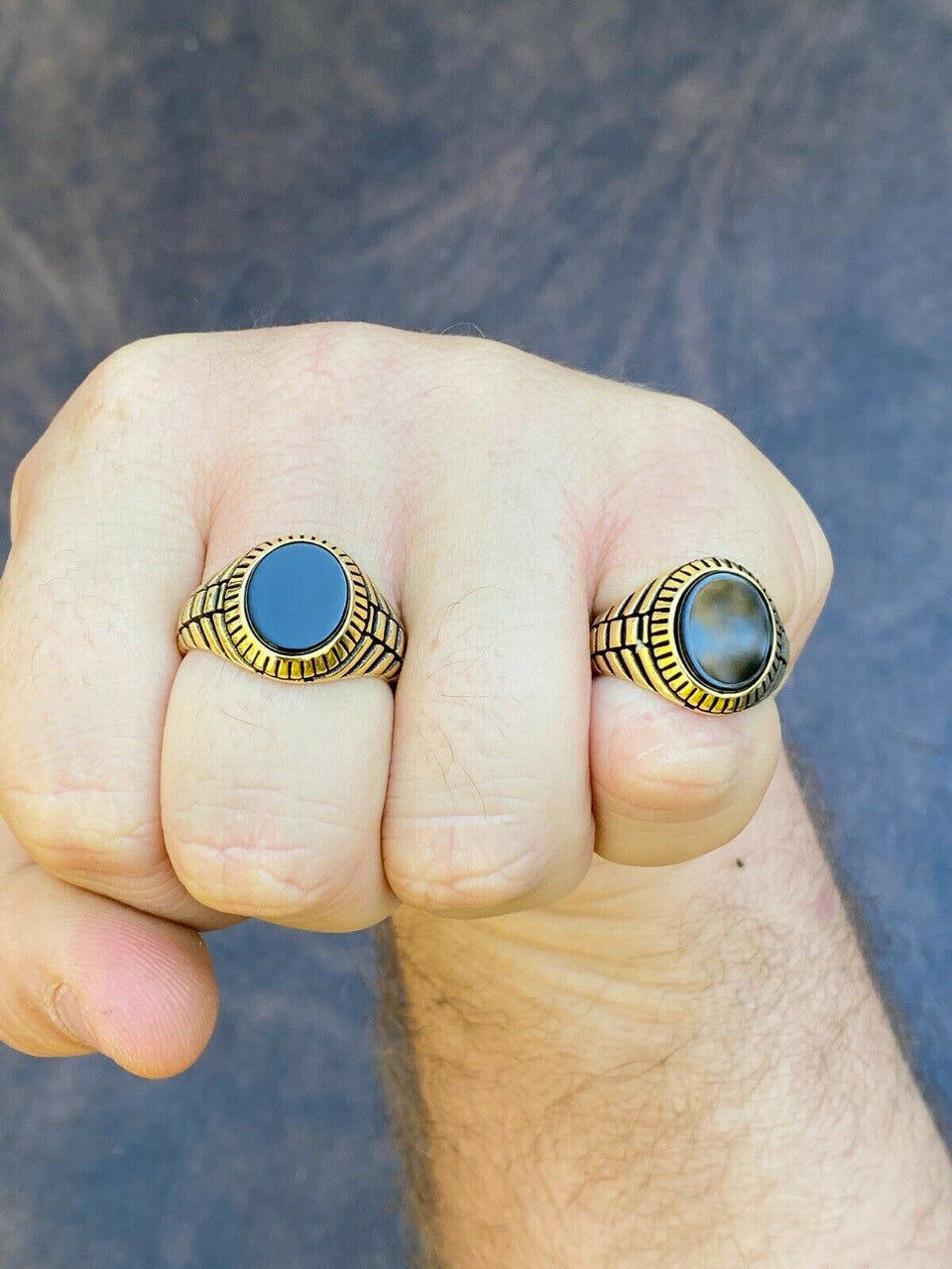 HarlemBling Mens 14k Gold Over Real Solid 925 Sterling Silver Black Onyx Round Signet Ring