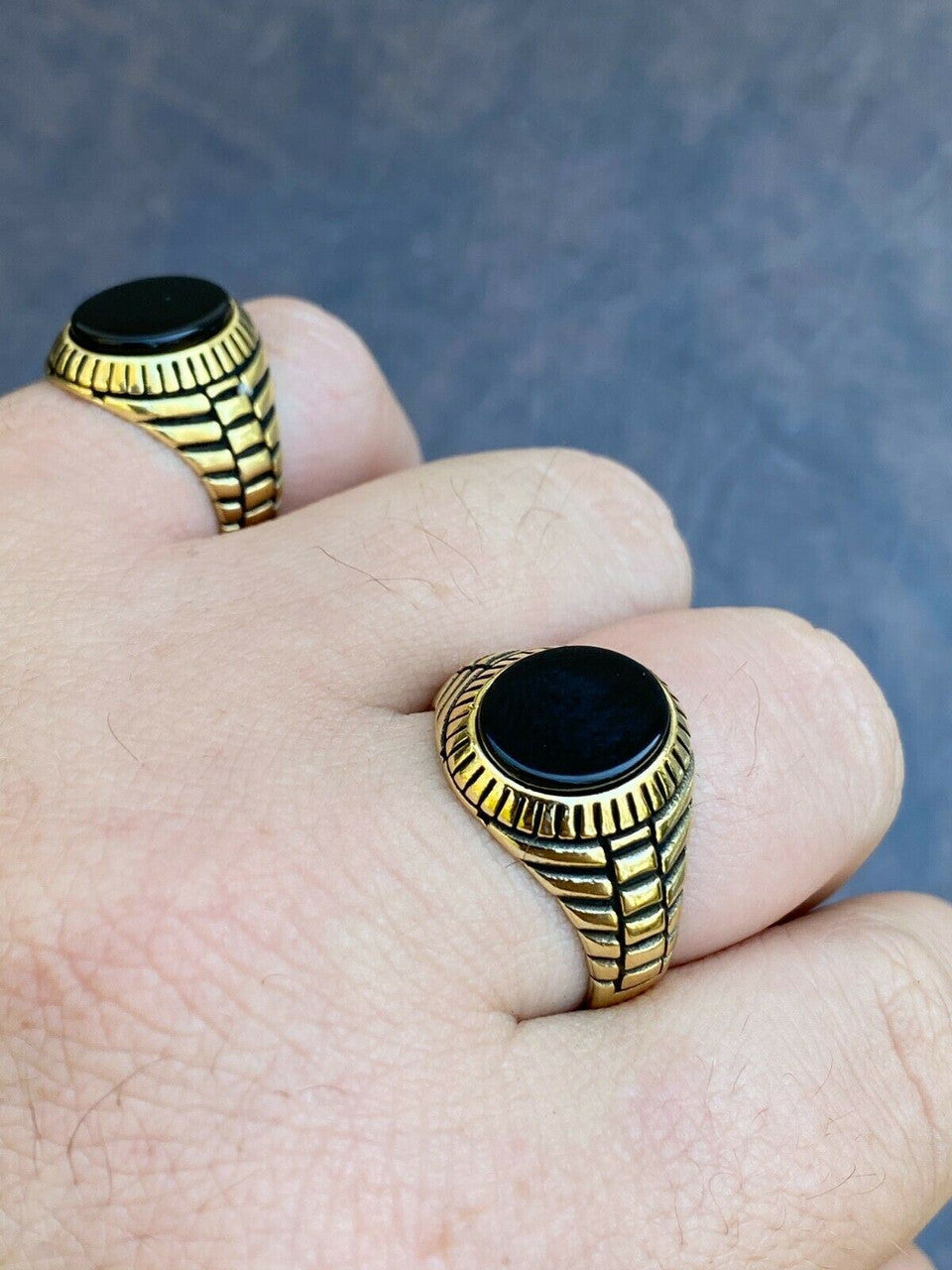 HarlemBling Mens 14k Gold Over Real Solid 925 Sterling Silver Black Onyx Round Signet Ring