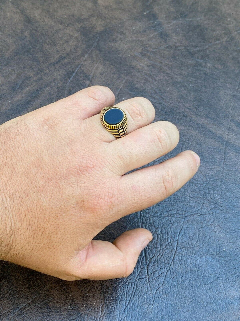 HarlemBling Mens 14k Gold Over Real Solid 925 Sterling Silver Black Onyx Round Signet Ring