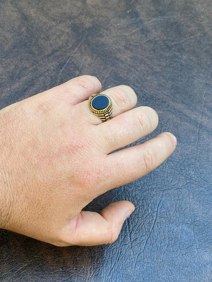 HarlemBling Mens 14k Gold Over Real Solid 925 Sterling Silver Black Onyx Round Signet Ring