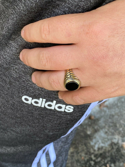 HarlemBling Mens 14k Gold Over Real Solid 925 Sterling Silver Black Onyx Round Signet Ring
