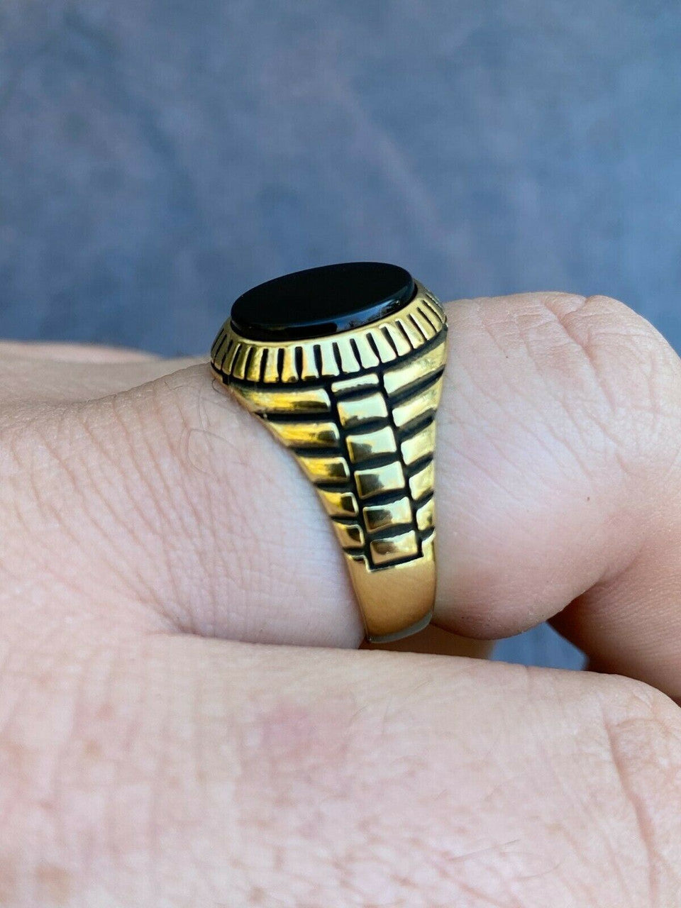 HarlemBling Mens 14k Gold Over Real Solid 925 Sterling Silver Black Onyx Round Signet Ring