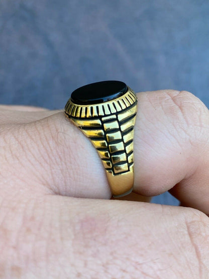 HarlemBling Mens 14k Gold Over Real Solid 925 Sterling Silver Black Onyx Round Signet Ring