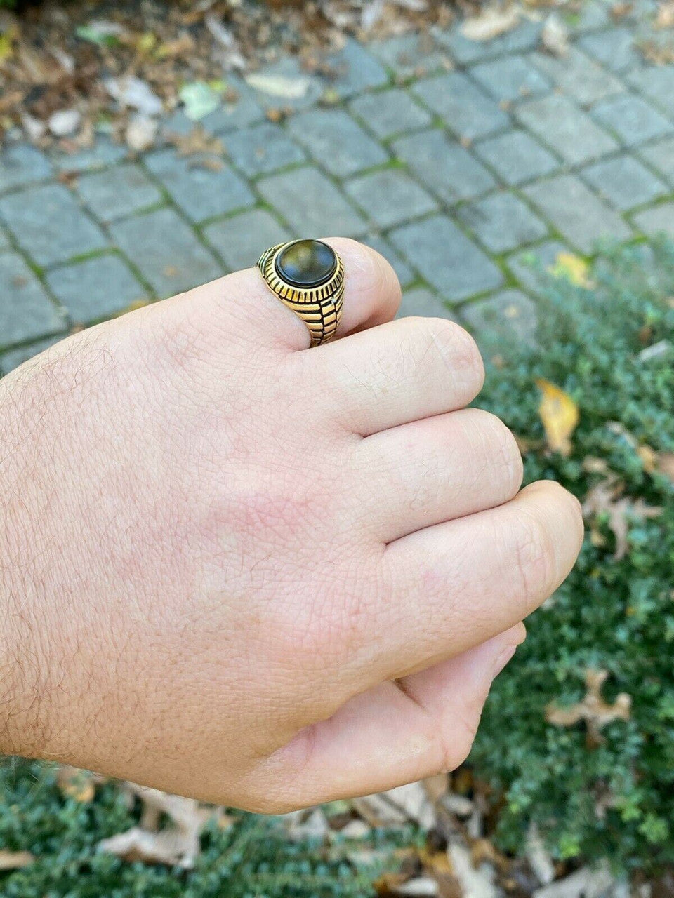 HarlemBling Mens 14k Gold Over Real Solid 925 Sterling Silver Black Onyx Round Signet Ring