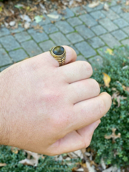 HarlemBling Mens 14k Gold Over Real Solid 925 Sterling Silver Black Onyx Round Signet Ring