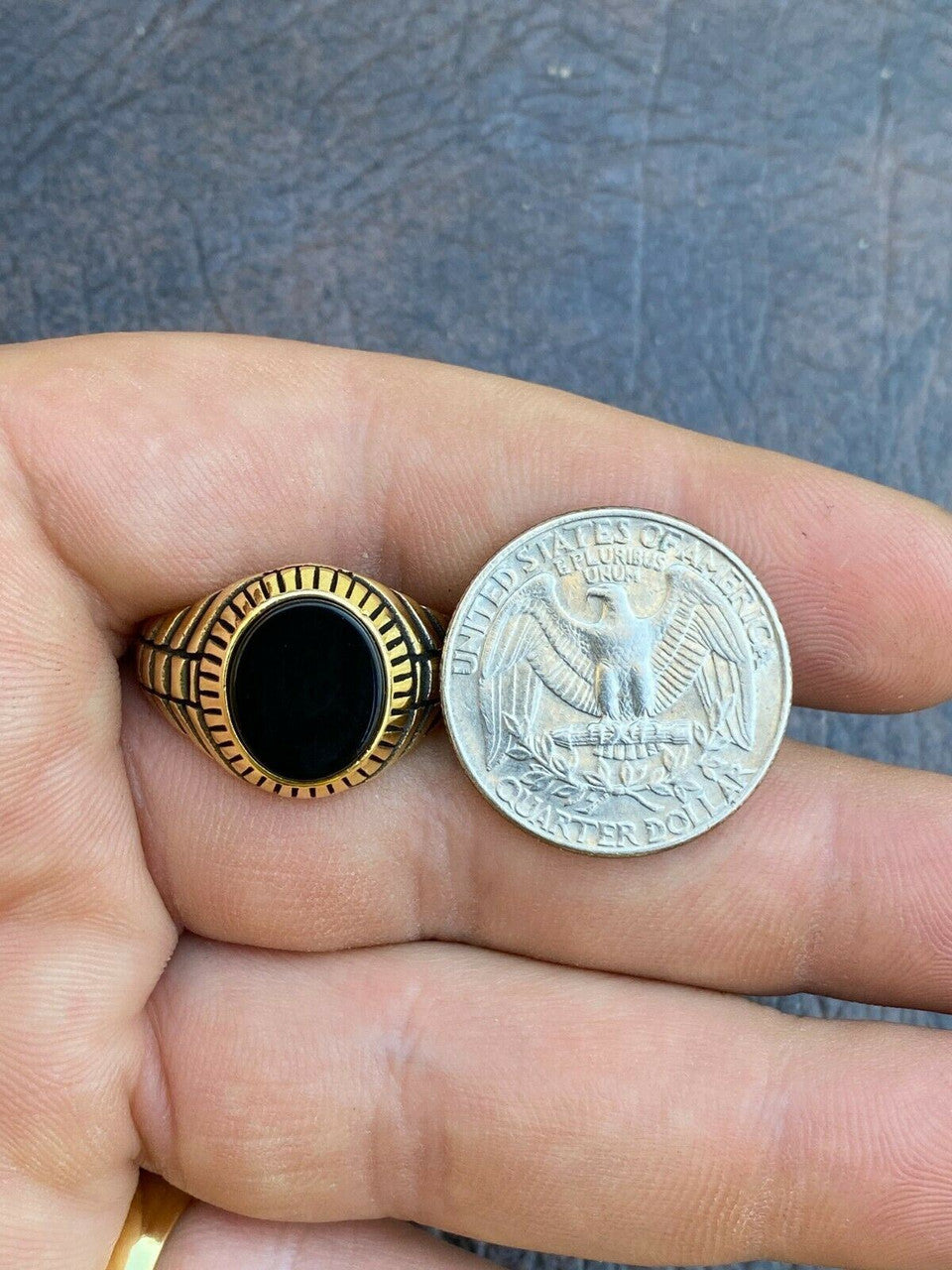 HarlemBling Mens 14k Gold Over Real Solid 925 Sterling Silver Black Onyx Round Signet Ring