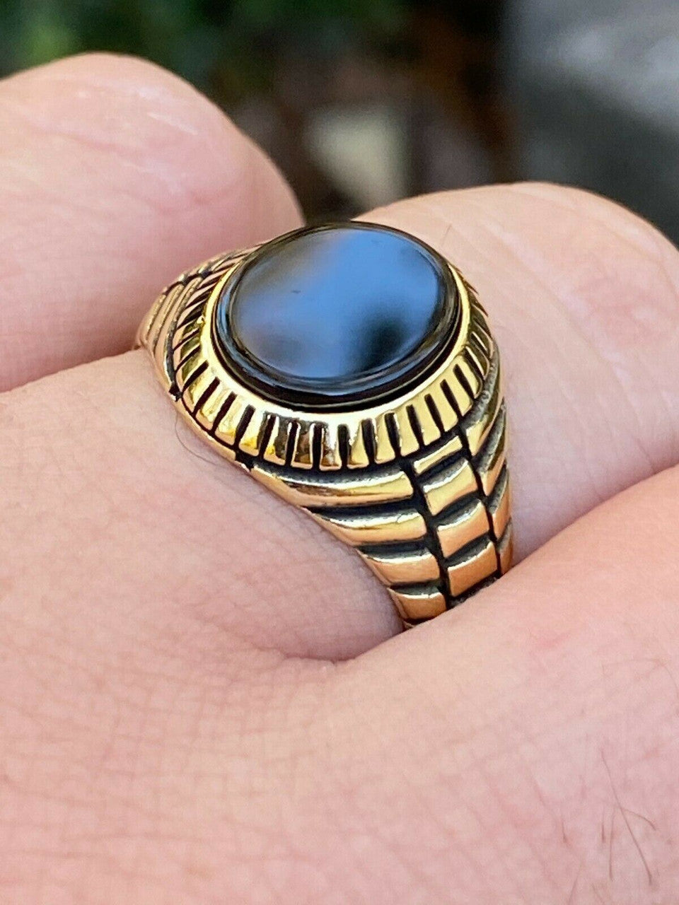 HarlemBling Mens 14k Gold Over Real Solid 925 Sterling Silver Black Onyx Round Signet Ring