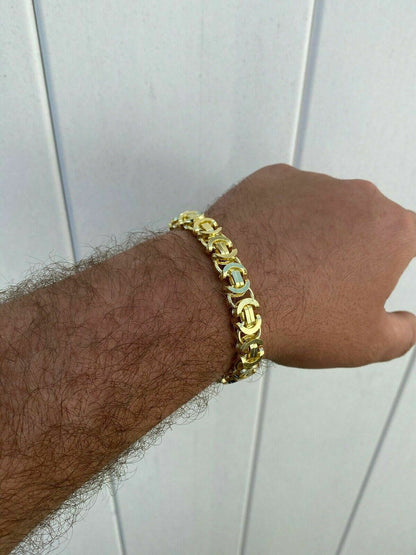 HarlemBling Mens 14k Gold Over Real Solid 925 Sterling Silver Byzantine Tigers Eye Bracelet