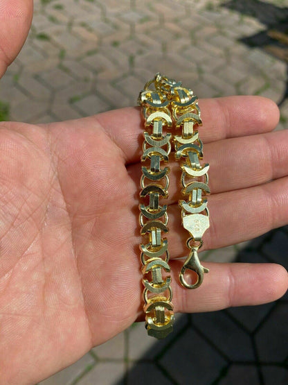 HarlemBling Mens 14k Gold Over Real Solid 925 Sterling Silver Byzantine Tigers Eye Bracelet