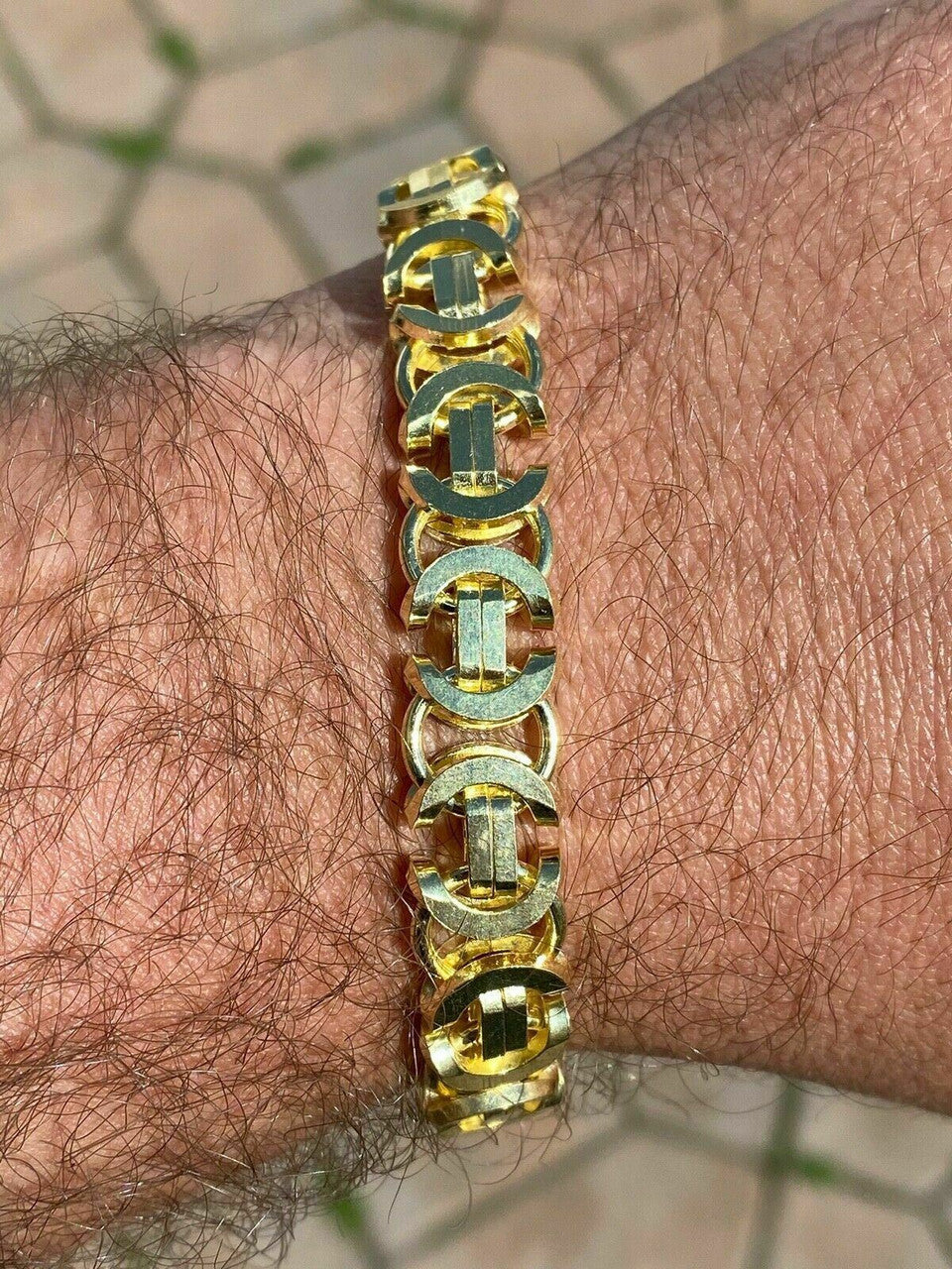 HarlemBling Mens 14k Gold Over Real Solid 925 Sterling Silver Byzantine Tigers Eye Bracelet