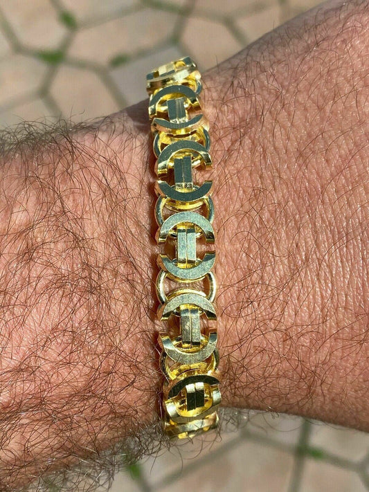 HarlemBling Mens 14k Gold Over Real Solid 925 Sterling Silver Byzantine Tigers Eye Bracelet