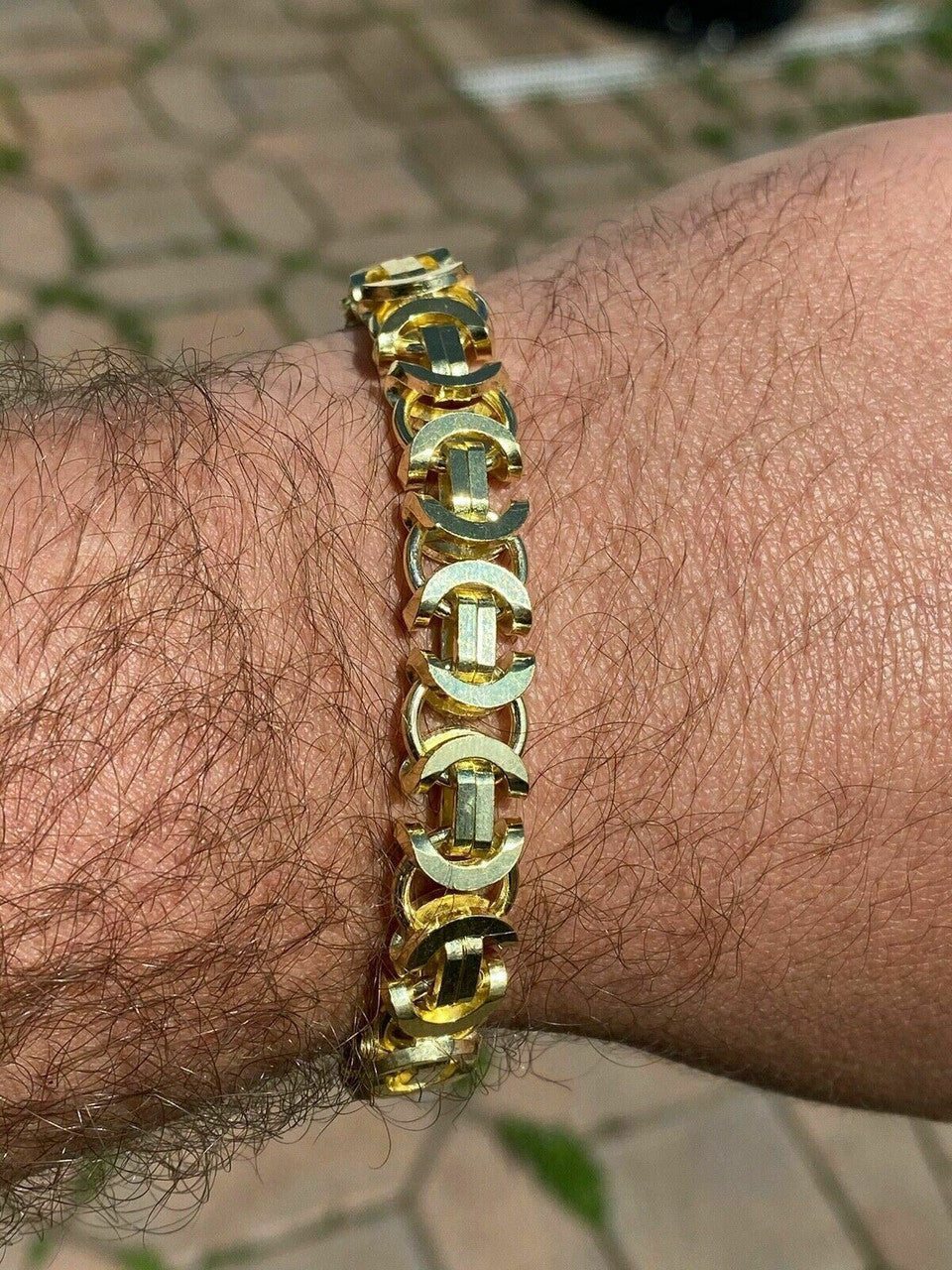 HarlemBling Mens 14k Gold Over Real Solid 925 Sterling Silver Byzantine Tigers Eye Bracelet