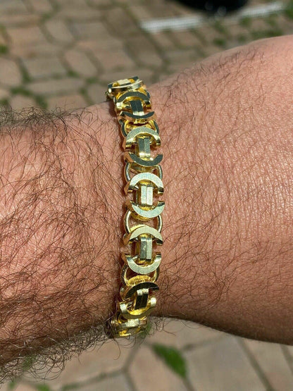 HarlemBling Mens 14k Gold Over Real Solid 925 Sterling Silver Byzantine Tigers Eye Bracelet