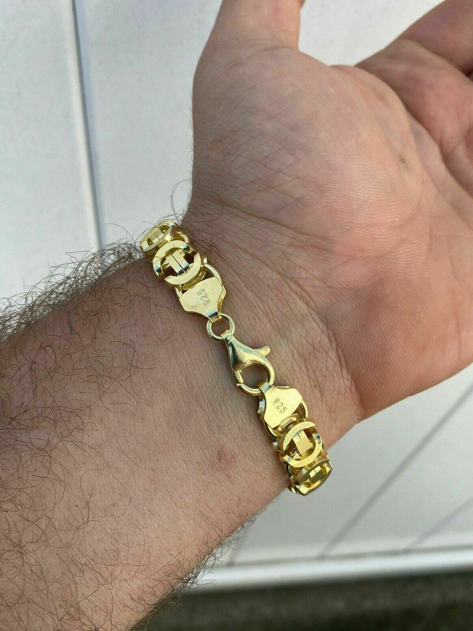 HarlemBling Mens 14k Gold Over Real Solid 925 Sterling Silver Byzantine Tigers Eye Bracelet