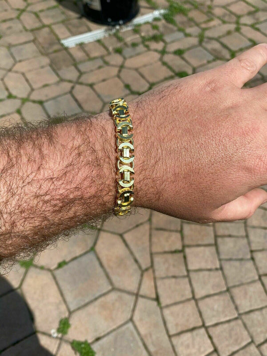 HarlemBling Mens 14k Gold Over Real Solid 925 Sterling Silver Byzantine Tigers Eye Bracelet