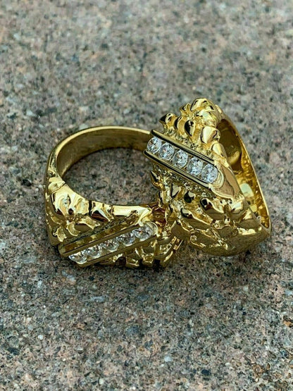 HarlemBling Mens 14k Gold Over REAL Solid 925 Sterling Silver Diamond Nugget Ring Sz 7-13