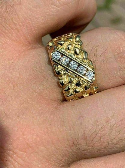 HarlemBling Mens 14k Gold Over REAL Solid 925 Sterling Silver Diamond Nugget Ring Sz 7-13