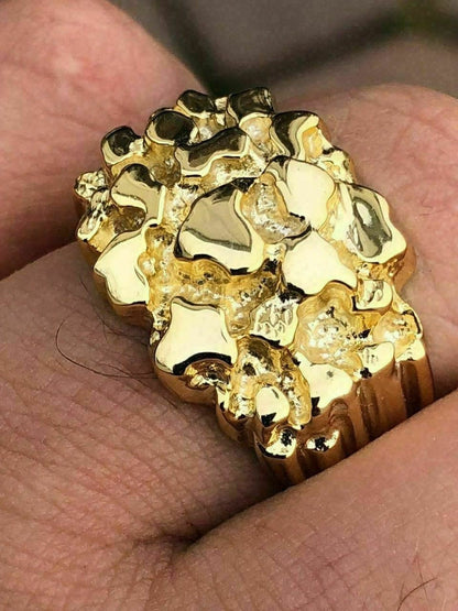 HarlemBling Mens 14k Gold Over REAL Solid 925 Sterling Silver Heavy Nugget Ring Size 6-13