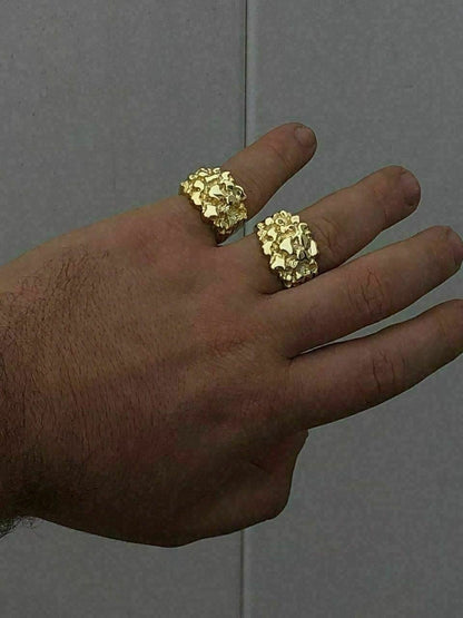 HarlemBling Mens 14k Gold Over REAL Solid 925 Sterling Silver Heavy Nugget Ring Size 6-13