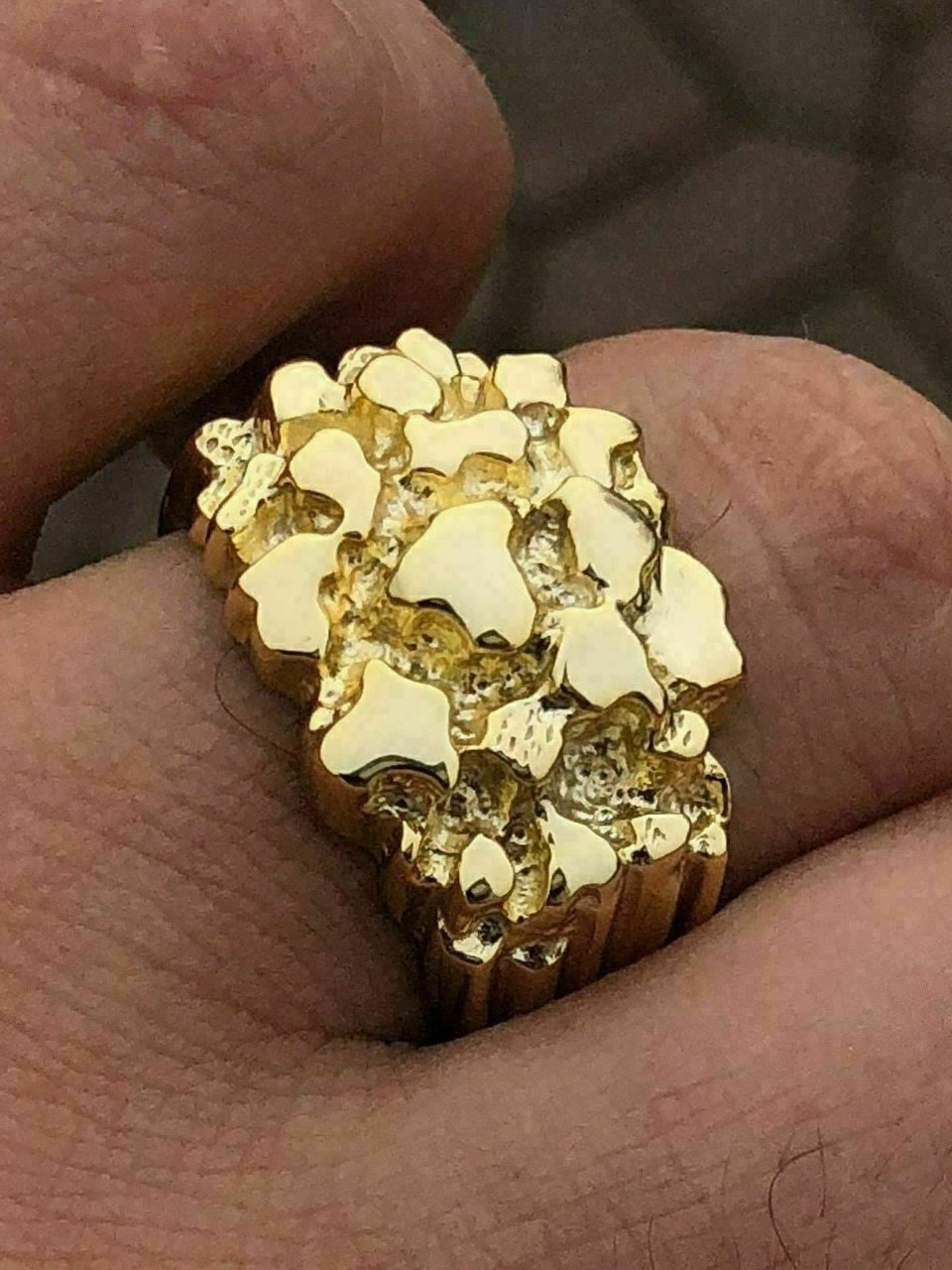 HarlemBling Mens 14k Gold Over REAL Solid 925 Sterling Silver Heavy Nugget Ring Size 6-13