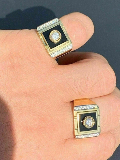 HarlemBling Mens 14k Gold Over Solid 925 Silver Black Onyx Ring ICY Pinky Diamond Sz 7-12