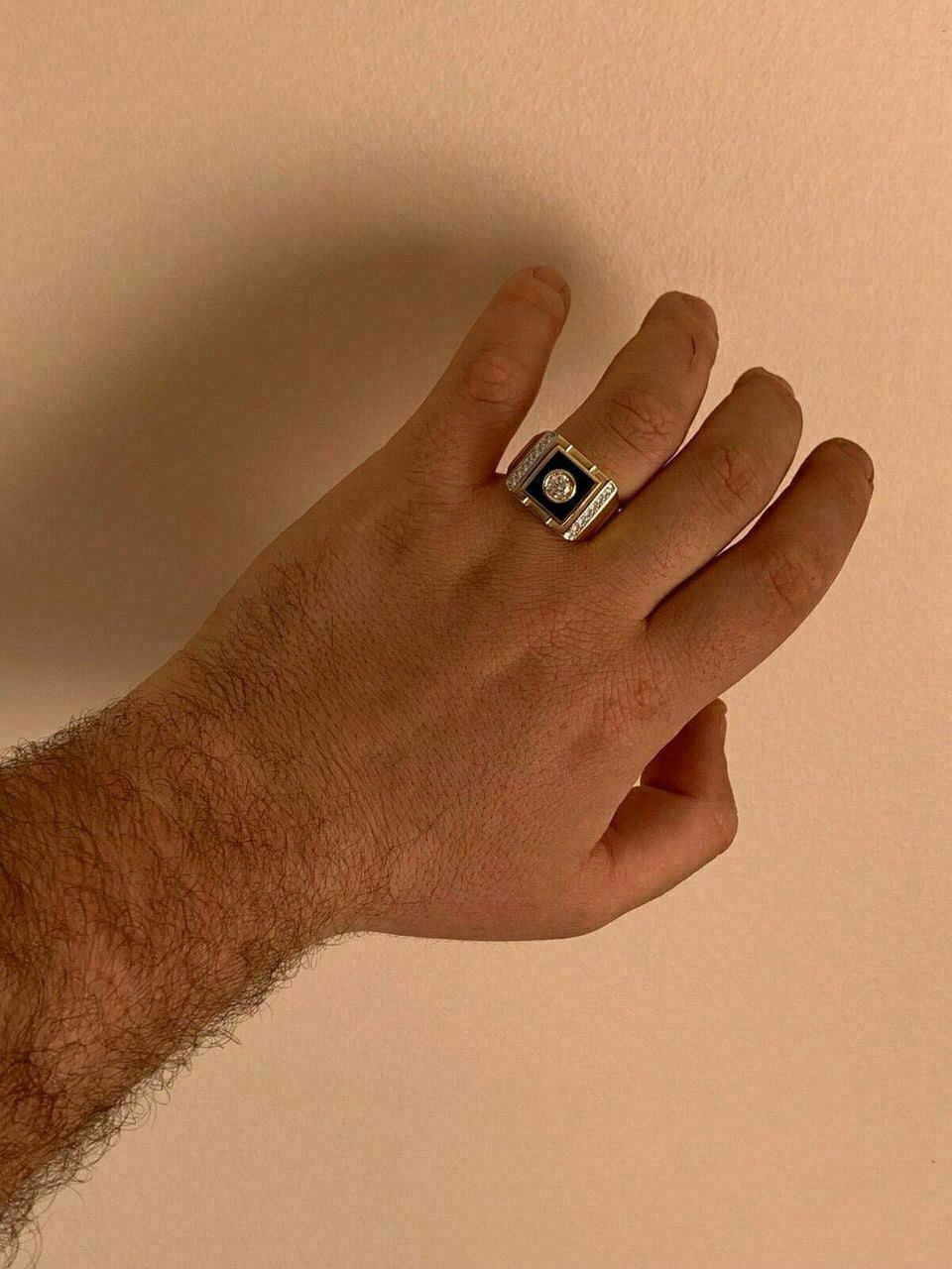 HarlemBling Mens 14k Gold Over Solid 925 Silver Black Onyx Ring ICY Pinky Diamond Sz 7-12