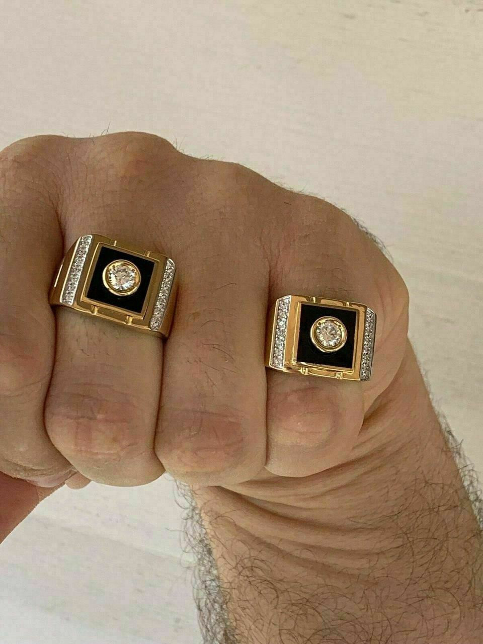 HarlemBling Mens 14k Gold Over Solid 925 Silver Black Onyx Ring ICY Pinky Diamond Sz 7-12