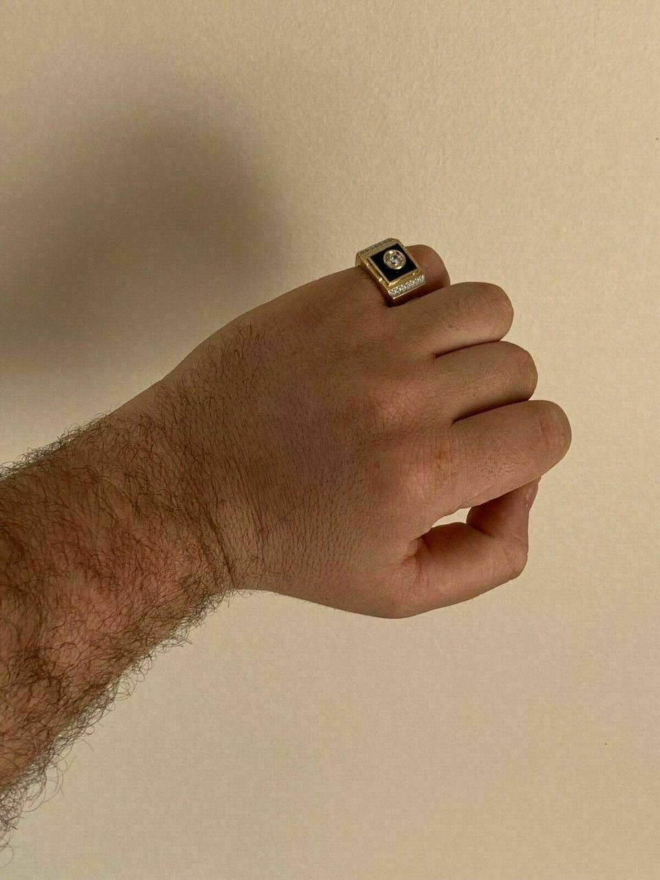 HarlemBling Mens 14k Gold Over Solid 925 Silver Black Onyx Ring ICY Pinky Diamond Sz 7-12