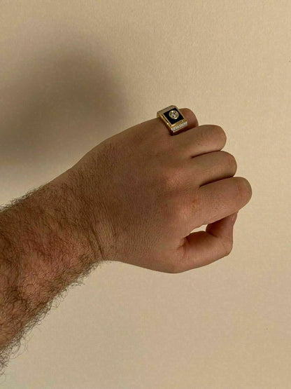 HarlemBling Mens 14k Gold Over Solid 925 Silver Black Onyx Ring ICY Pinky Diamond Sz 7-12