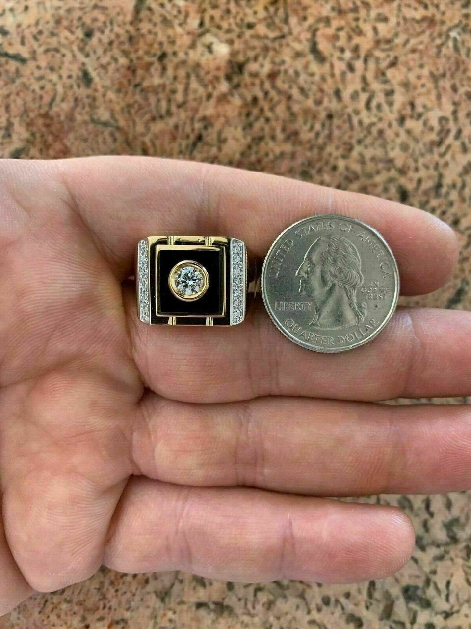 HarlemBling Mens 14k Gold Over Solid 925 Silver Black Onyx Ring ICY Pinky Diamond Sz 7-12