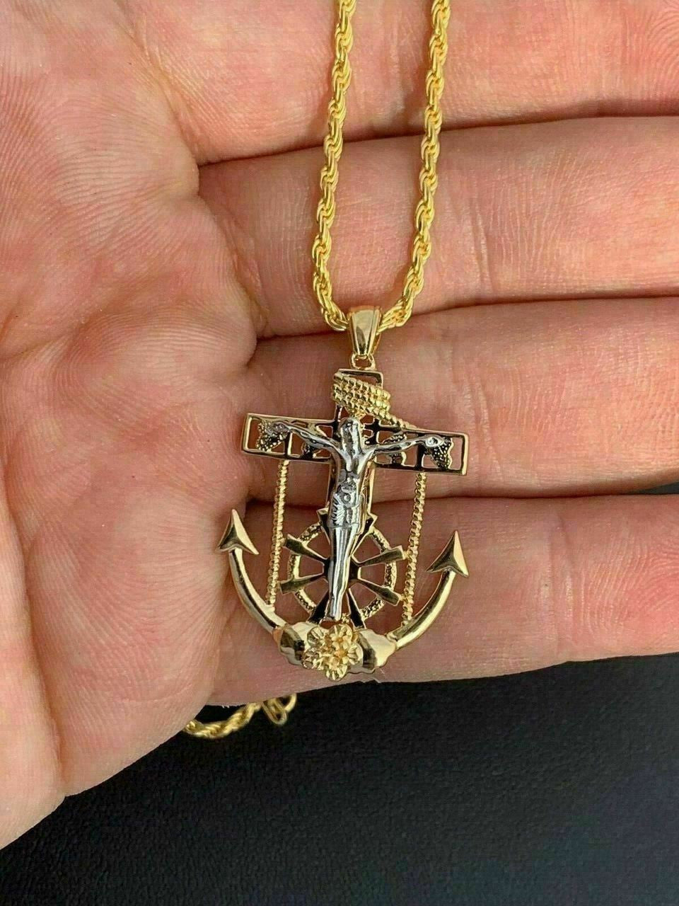 HarlemBling Mens 14k Gold Over Solid 925 Silver Jesus Crucifix and Anchor Piece and Rope Chain