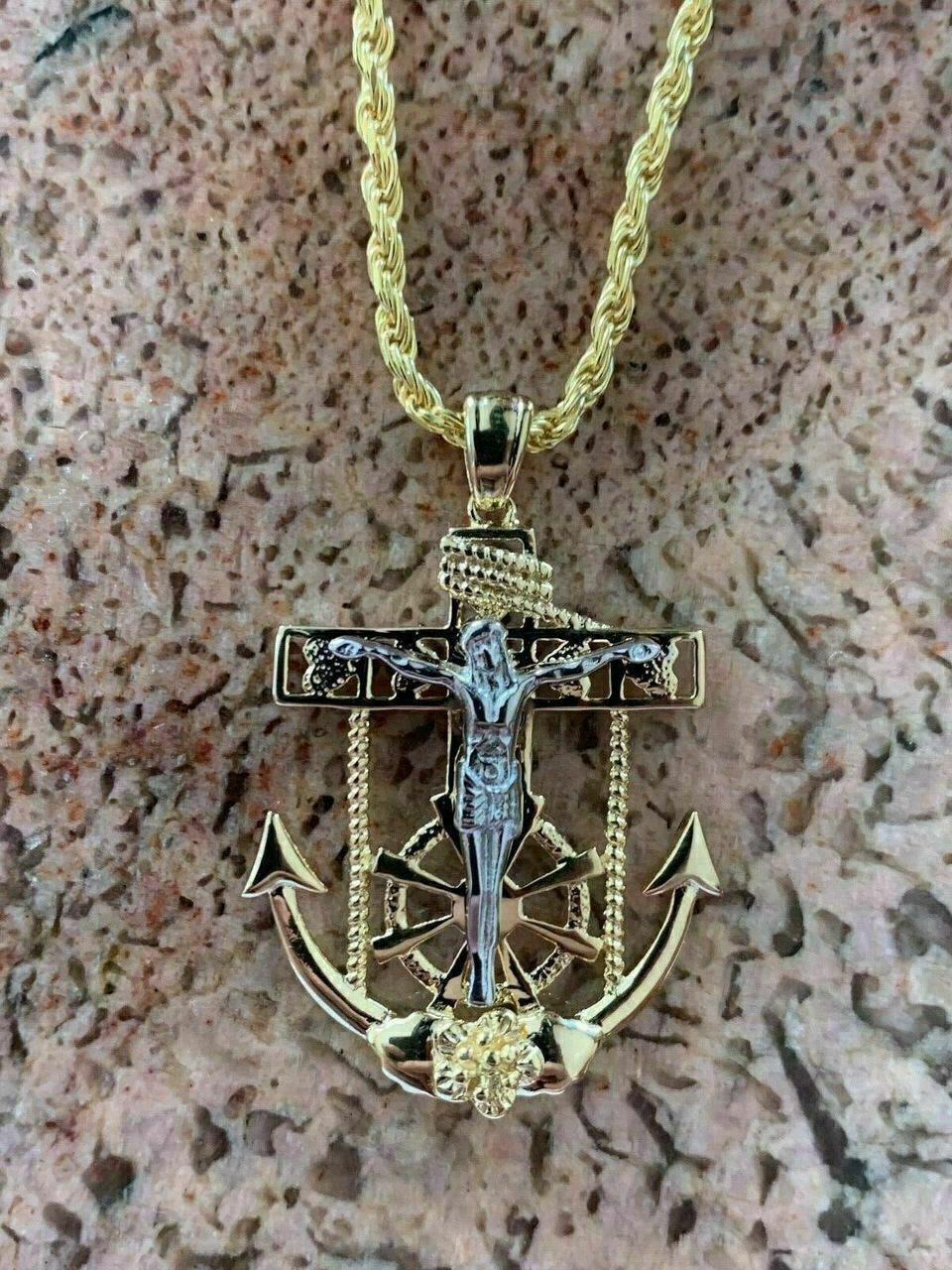HarlemBling Mens 14k Gold Over Solid 925 Silver Jesus Crucifix and Anchor Piece and Rope Chain