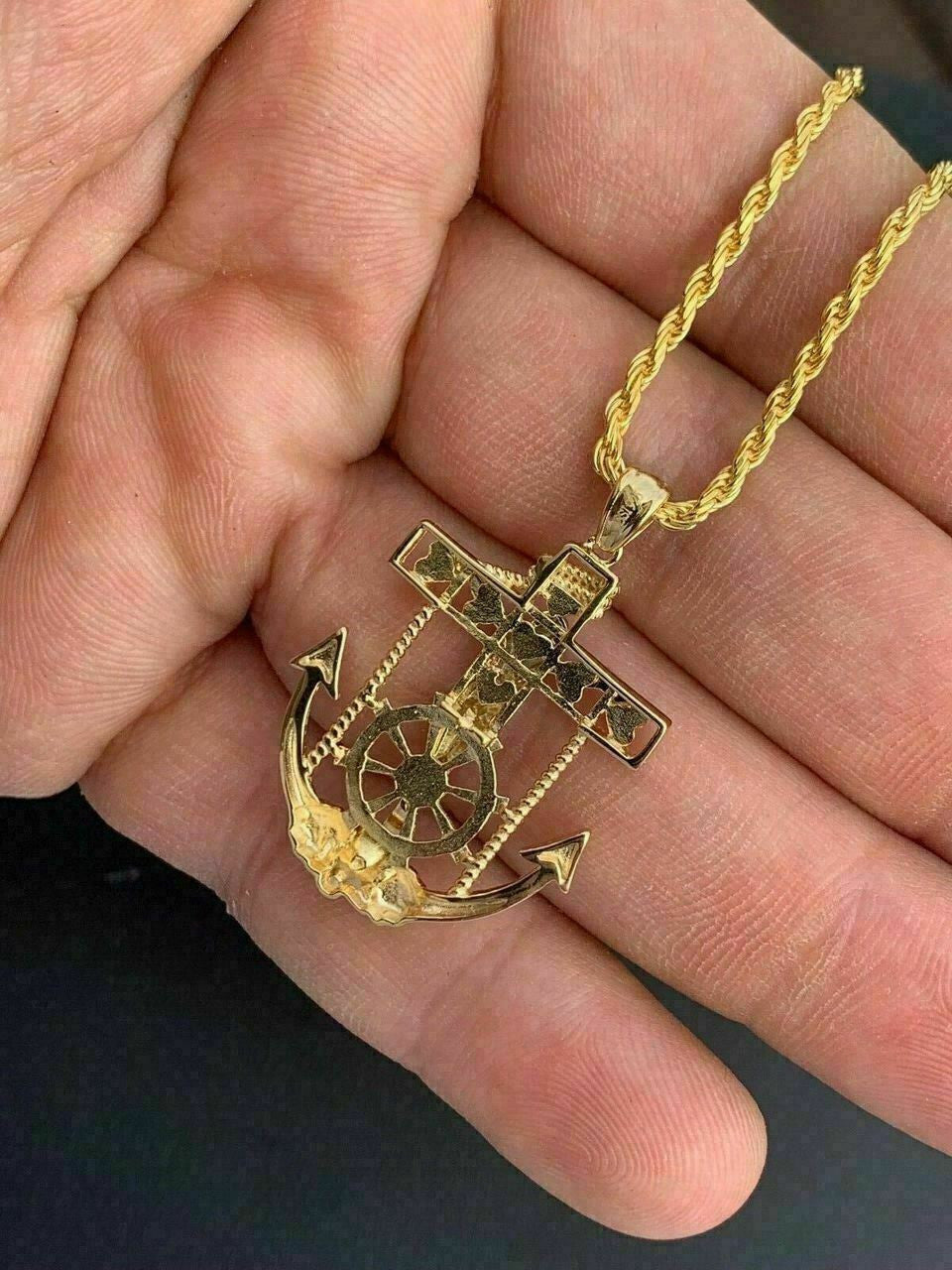 HarlemBling Mens 14k Gold Over Solid 925 Silver Jesus Crucifix and Anchor Piece and Rope Chain