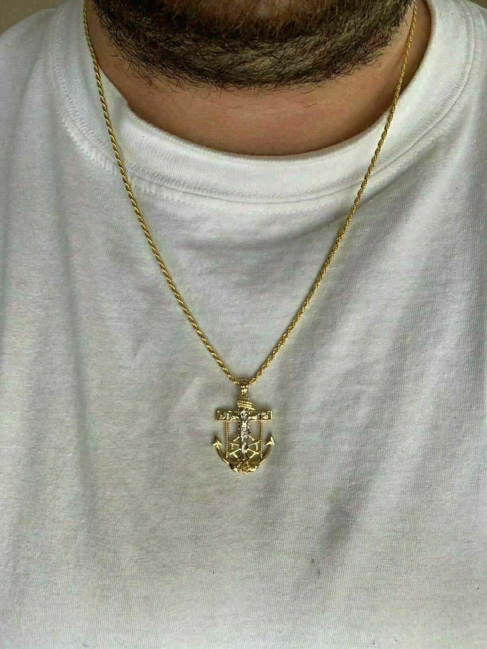HarlemBling Mens 14k Gold Over Solid 925 Silver Jesus Crucifix and Anchor Piece and Rope Chain