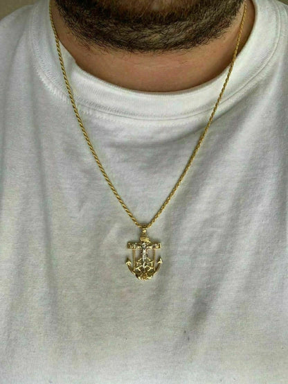 HarlemBling Mens 14k Gold Over Solid 925 Silver Jesus Crucifix and Anchor Piece and Rope Chain