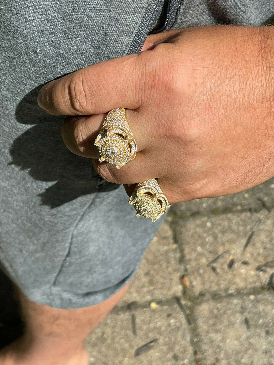 HarlemBling Mens 14k Gold Over Solid 925 Silver King Crown Diamond Pinky RING Iced Hip Hop