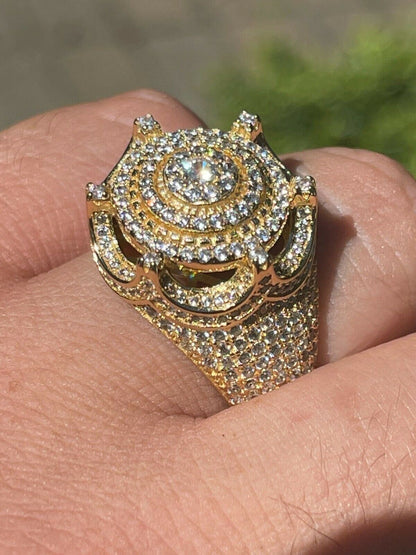 HarlemBling Mens 14k Gold Over Solid 925 Silver King Crown Diamond Pinky RING Iced Hip Hop