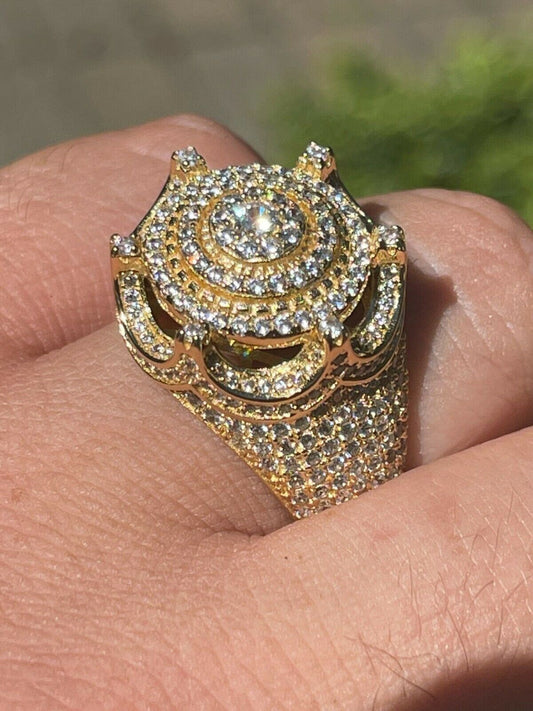 HarlemBling Mens 14k Gold Over Solid 925 Silver King Crown Diamond Pinky RING Iced Hip Hop