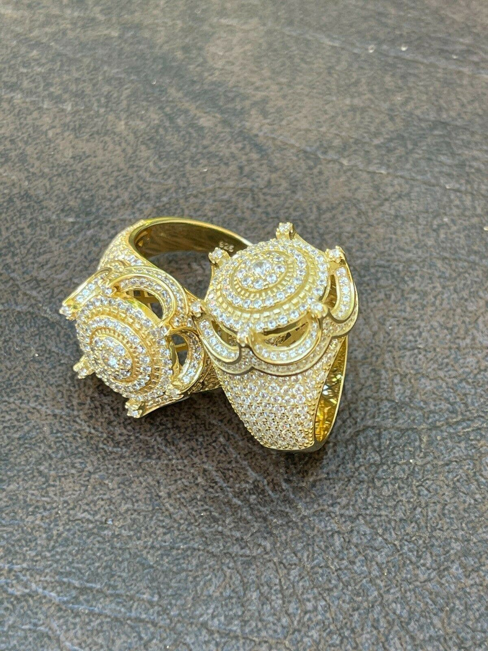 HarlemBling Mens 14k Gold Over Solid 925 Silver King Crown Diamond Pinky RING Iced Hip Hop