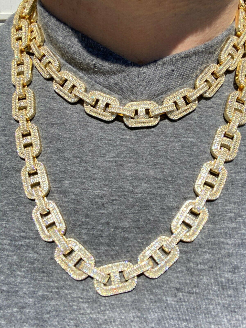 HarlemBling Mens 14k Gold Over Solid 925 Sterling Silver Baguette Gucci Link Chain Iced 15mm