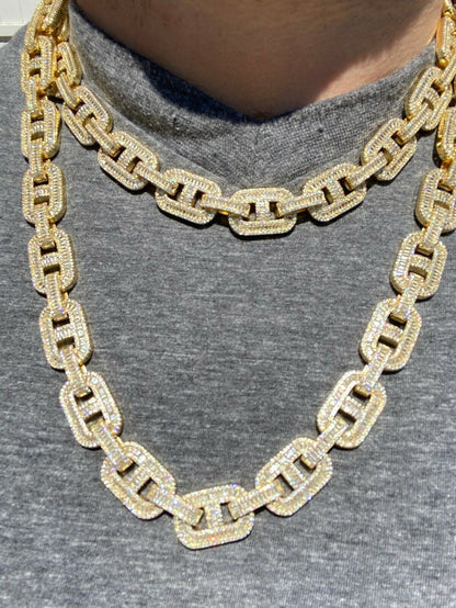 HarlemBling Mens 14k Gold Over Solid 925 Sterling Silver Baguette Gucci Link Chain Iced 15mm