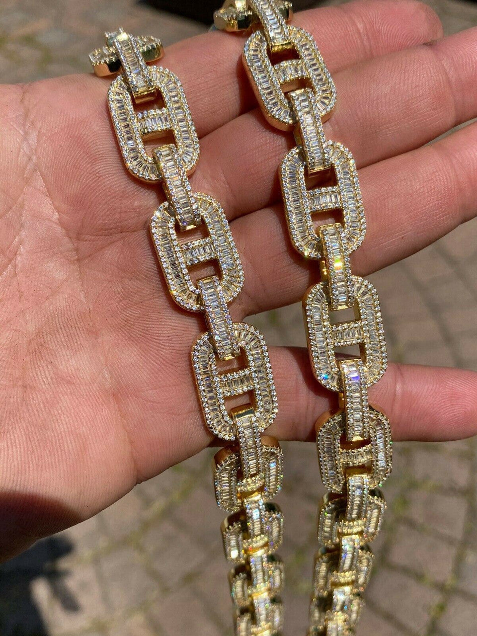 HarlemBling Mens 14k Gold Over Solid 925 Sterling Silver Baguette Gucci Link Chain Iced 15mm