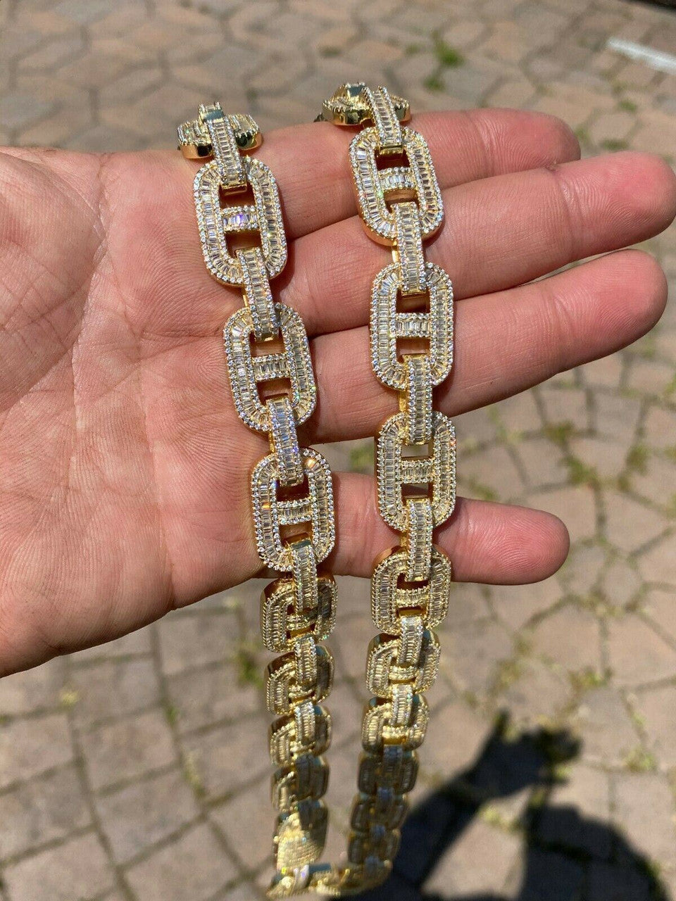 HarlemBling Mens 14k Gold Over Solid 925 Sterling Silver Baguette Gucci Link Chain Iced 15mm